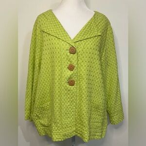 Produce Company Green 100% Cotton Jacket Artsy Button Lagenlook Medium Colorful